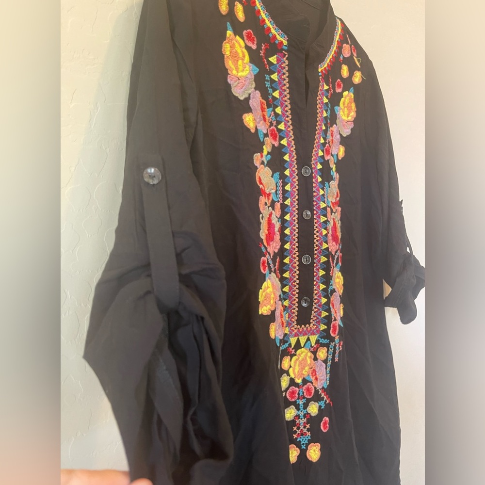 Solitaire Black Button Down Embroidered Tunic Blo… - image 3